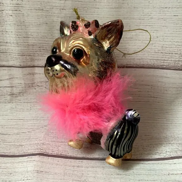 Yorkshire Terrier Dog Glass Christmas Tree Ornament Ballerina Feather Boa Yorkie - Picture 15 of 16